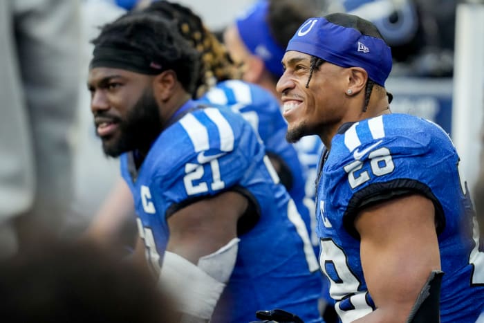 Oct 22, 2023; Indianapolis, Indiana, USA; Indianapolis Colts running back Jonathan Taylor (28) smiles on the bench during a game against the Cleveland Browns at Lucas Oil Stadium at Lucas Oil Stadium.